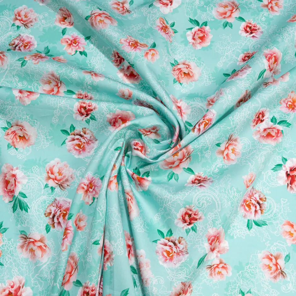 Red Rose Printed Aqua Green Pure Cotton