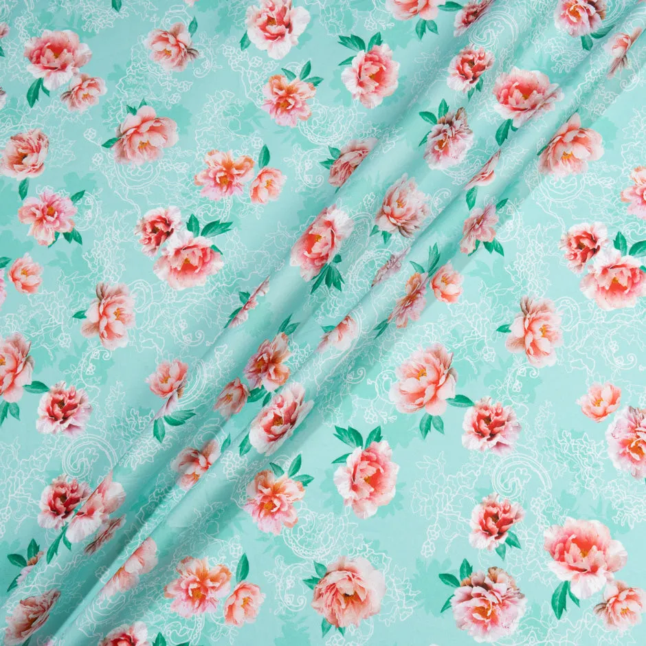 Red Rose Printed Aqua Green Pure Cotton