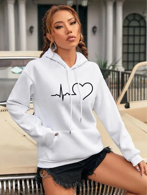 SXV  'ECG & Heart Print’ Printed Cool Aesthetic Sweatshirt Hoodie