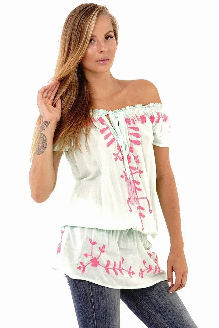 Talia Summer Embroidered, Off Shoulder, Tunic Top