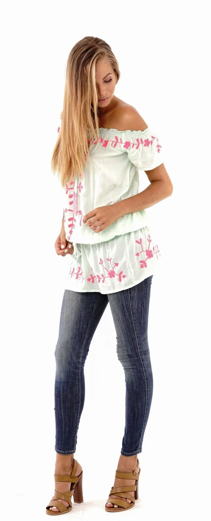 Talia Summer Embroidered, Off Shoulder, Tunic Top