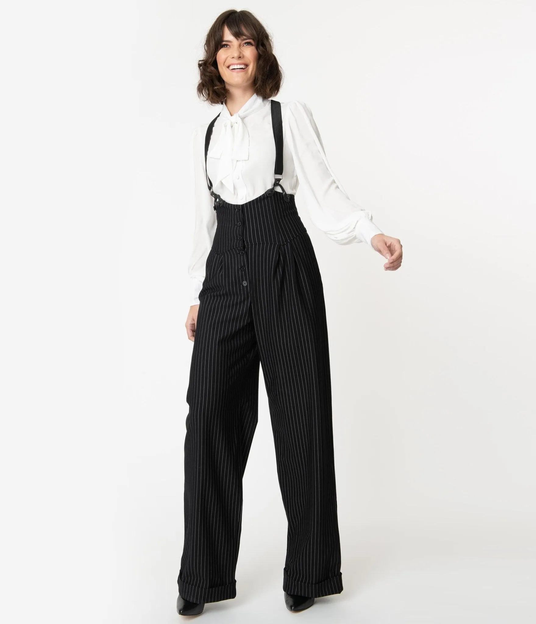 Unique Vintage 1930s Black & White Pin Stripe Thelma Suspender Pants