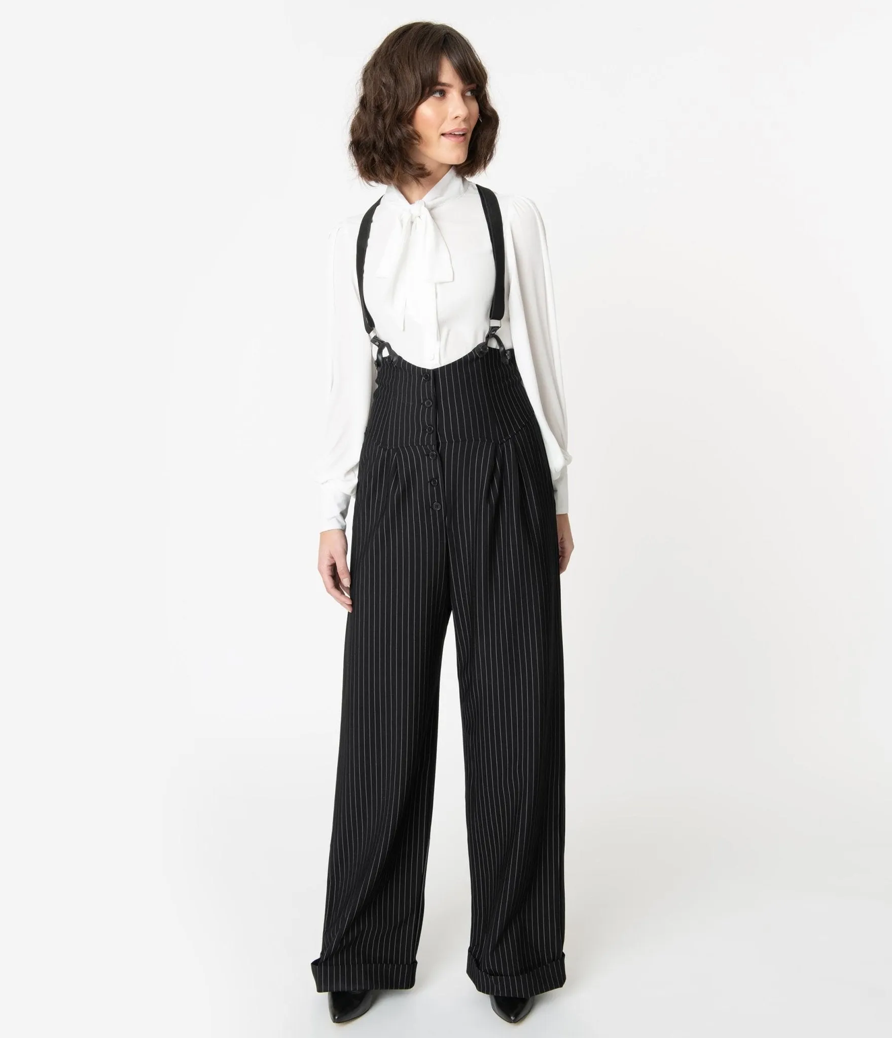 Unique Vintage 1930s Black & White Pin Stripe Thelma Suspender Pants