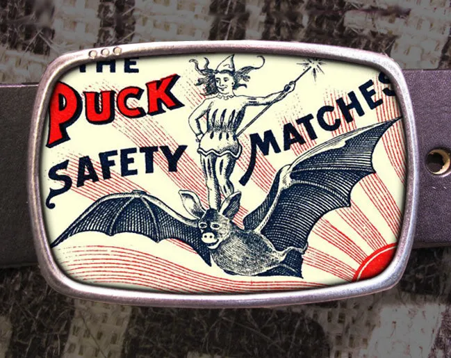 Vintage Bat Matches Illustration Belt Buckle - Red Puck Safety Matches Matchbox Advertisement Print - Halloween Circus