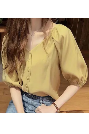 Women Soft Solid Pattern Puff Half Sleeve Beautiful Loose V-Neck Shirt - WSB103018