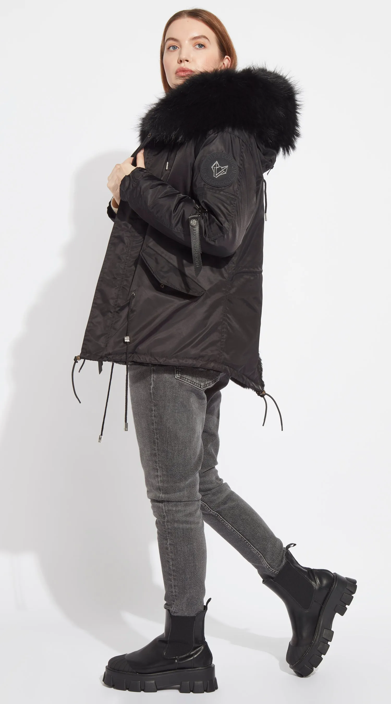 Womens Black Water-Repellent Luxy Fur Parka - Black