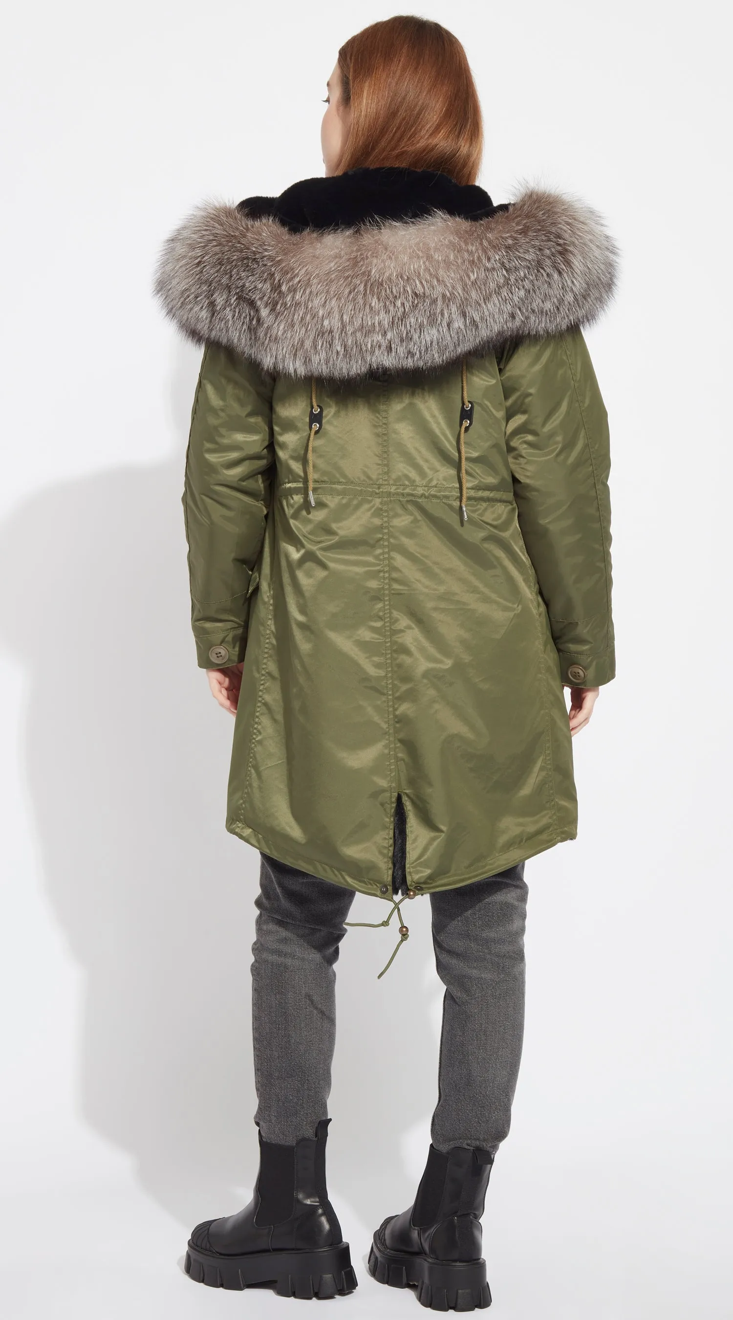 Womens Khaki Water-Repellent Luxy Fur Parka - 3/4 Silver Frost Fox