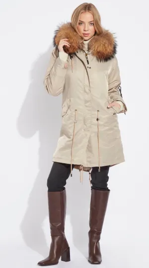 Womens Nude Water-Repellent Luxy Fur Parka - 3/4 Natural