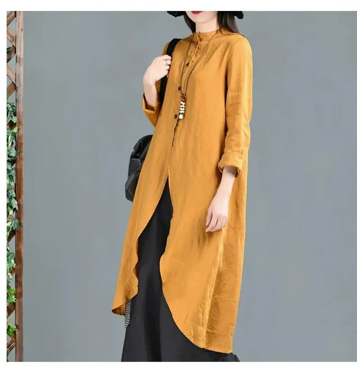 Yellow Linen Shirts  Dresses 3/4 Sleeves Long Shirts CH90423