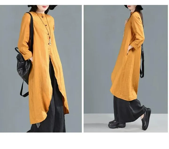 Yellow Linen Shirts  Dresses 3/4 Sleeves Long Shirts CH90423