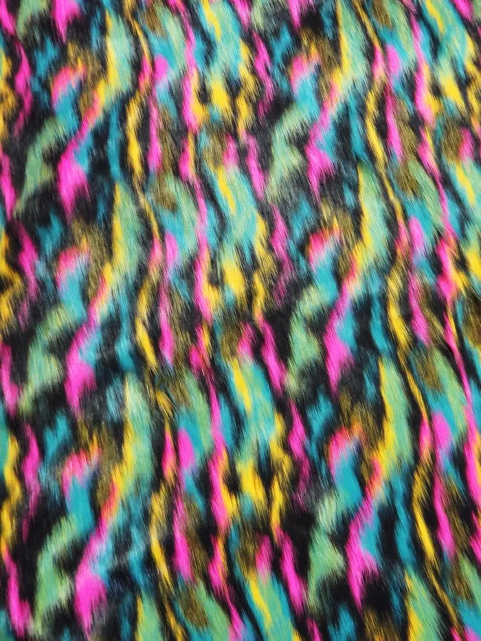 Yellow, Teal, Fuchsia Sunset Multi-Color Faux Fur Fabric /  Sold by the Yard