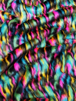 Yellow, Teal, Fuchsia Sunset Multi-Color Faux Fur Fabric /  Sold by the Yard